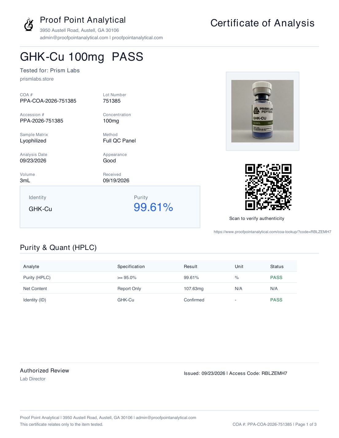 Page 1 of a Prism Labs certificate of analysis from Proof Point Analytical, with identity, purity and net content results